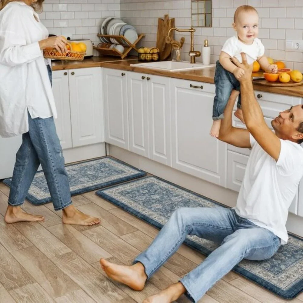 New 2Pcs Blue Kitchen Mat Set, Anti Fatigue Waterproof Area Rugs for Floor
